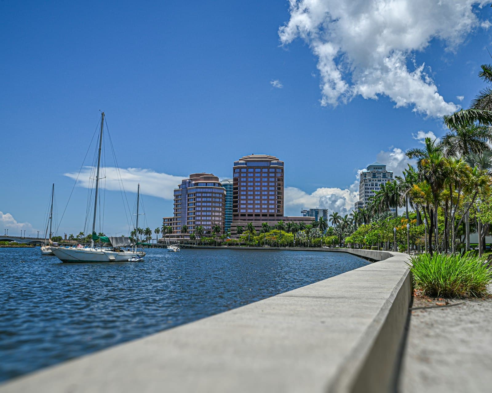 Calm marina water with sailboats and shoreline buildings.